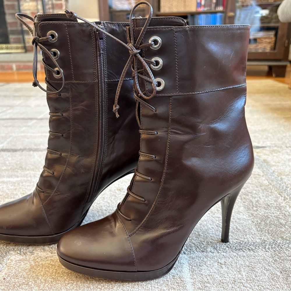 Via Spiga Women's Brown Lace-Up Stiletto Ankle Boots made in Italy READ.